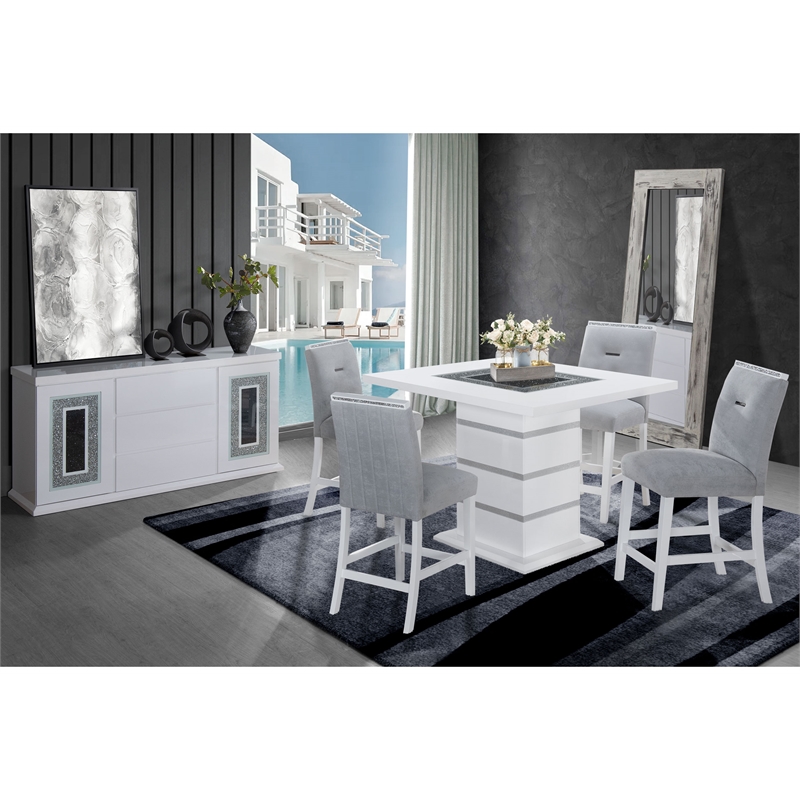 Global Furniture USA Monaco Wood White and Silver Bar Table with Clear Glass
