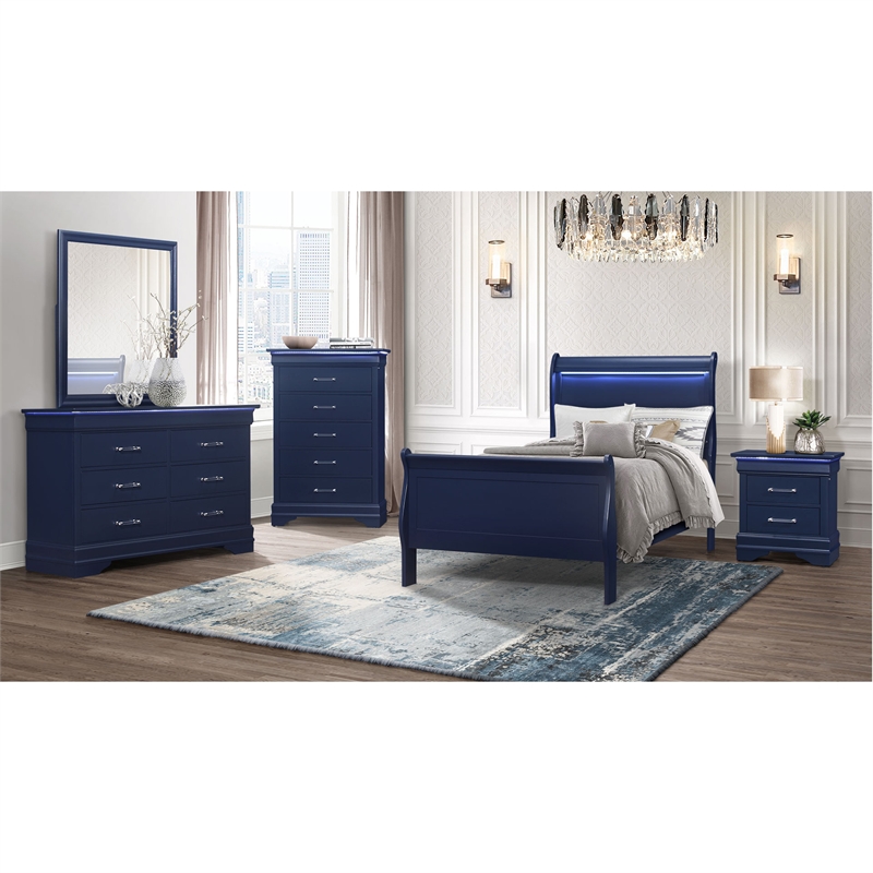 Global Furniture USA Charlie Blue Wood Twin Bed with LED Lighting