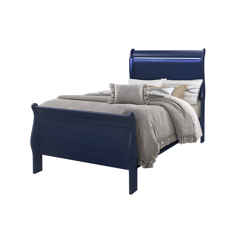 Global Furniture USA Charlie Blue Wood Twin Bed with LED Lighting