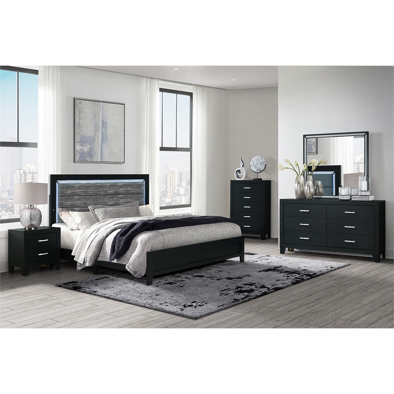 Global Furniture USA Reid Black Wood Full Bed Set with LED Lighting