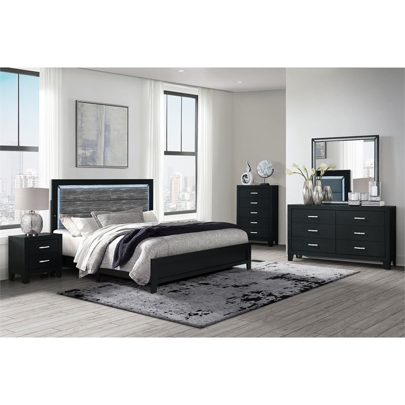 Global Furniture USA Reid Black Wood King Bed with LED Lighting
