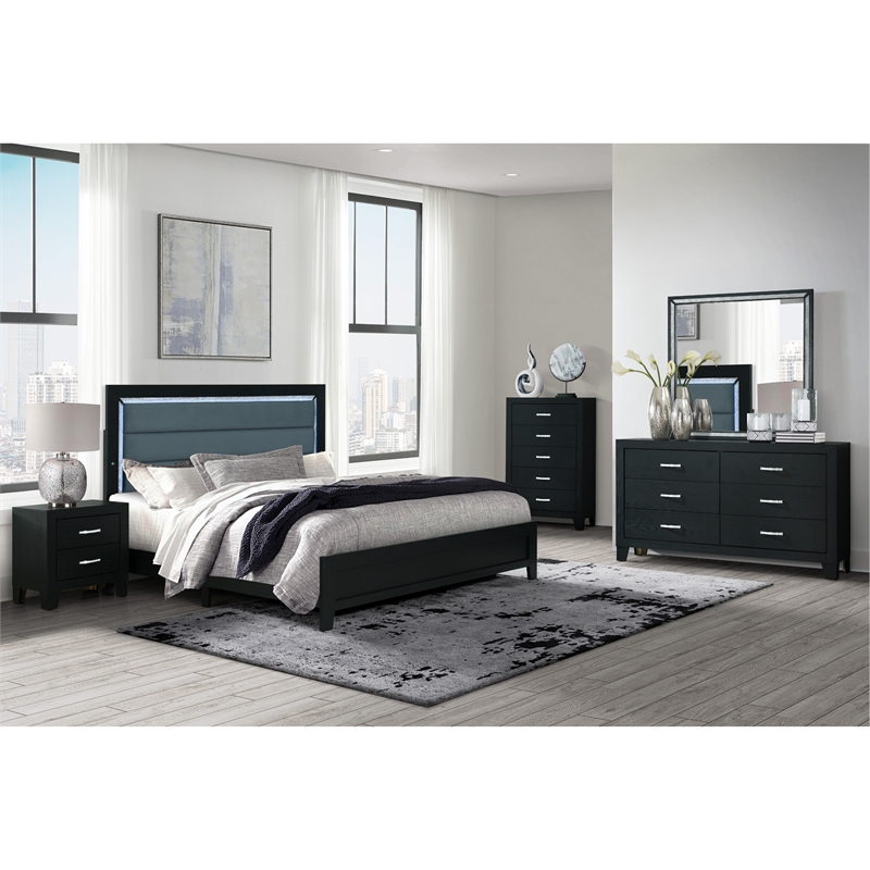 Global Furniture USA Reid Black Wood King Bed Set with LED Lighting