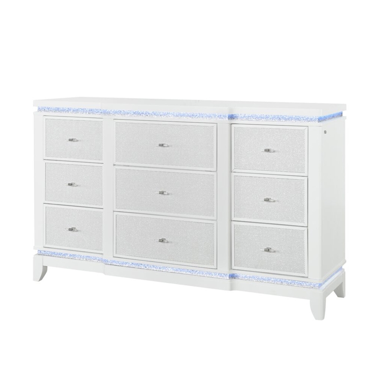 Global Furniture USA Alina White Wooden 9-Drawer Dresser with LED
