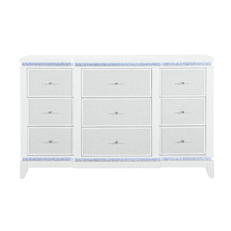 Global Furniture USA Alina White Wooden 9-Drawer Dresser with LED