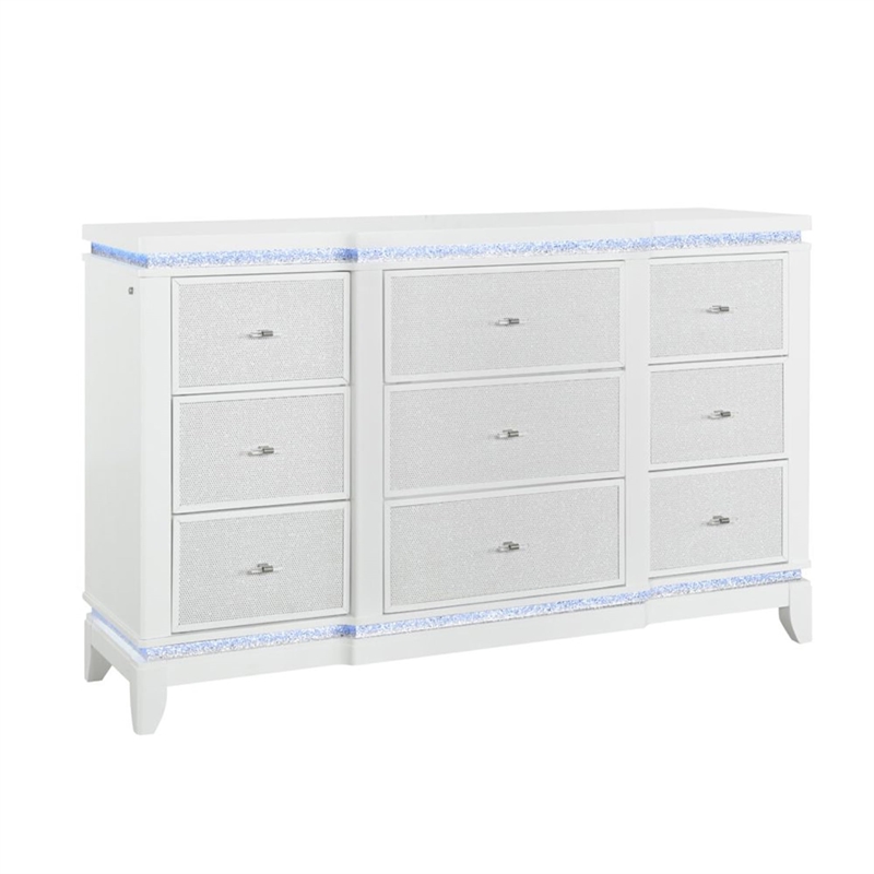 Global Furniture USA Alina White Wooden 9-Drawer Dresser with LED