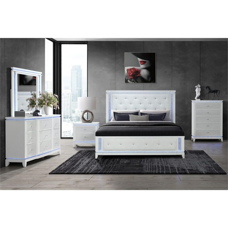 Global Furniture USA Alina White Wooden 9-Drawer Dresser with LED