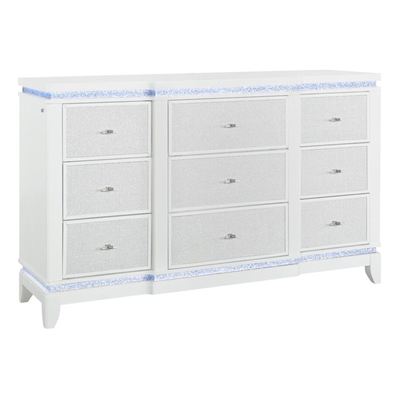 Global Furniture USA Alina White Wooden 9-Drawer Dresser with LED