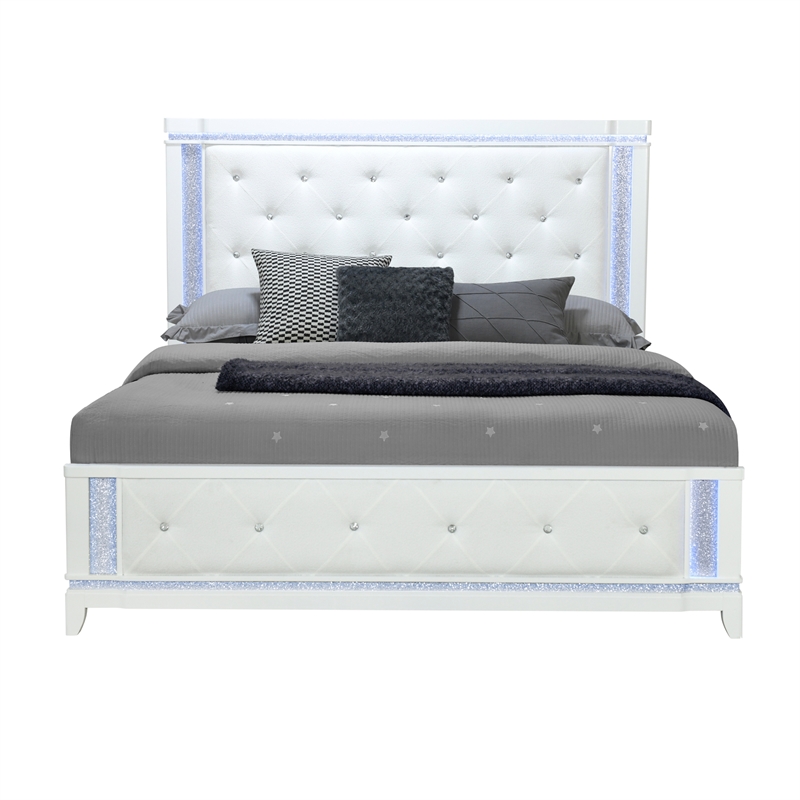 Global Furniture USA Alina White Wooden Tufted Full Bed with LED