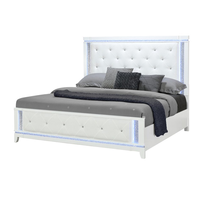 Global Furniture USA Alina White Wooden Tufted Full Bed with LED