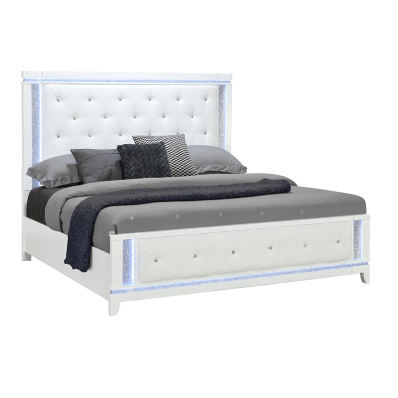 Global Furniture USA Alina White Wooden Tufted Full Bed with LED
