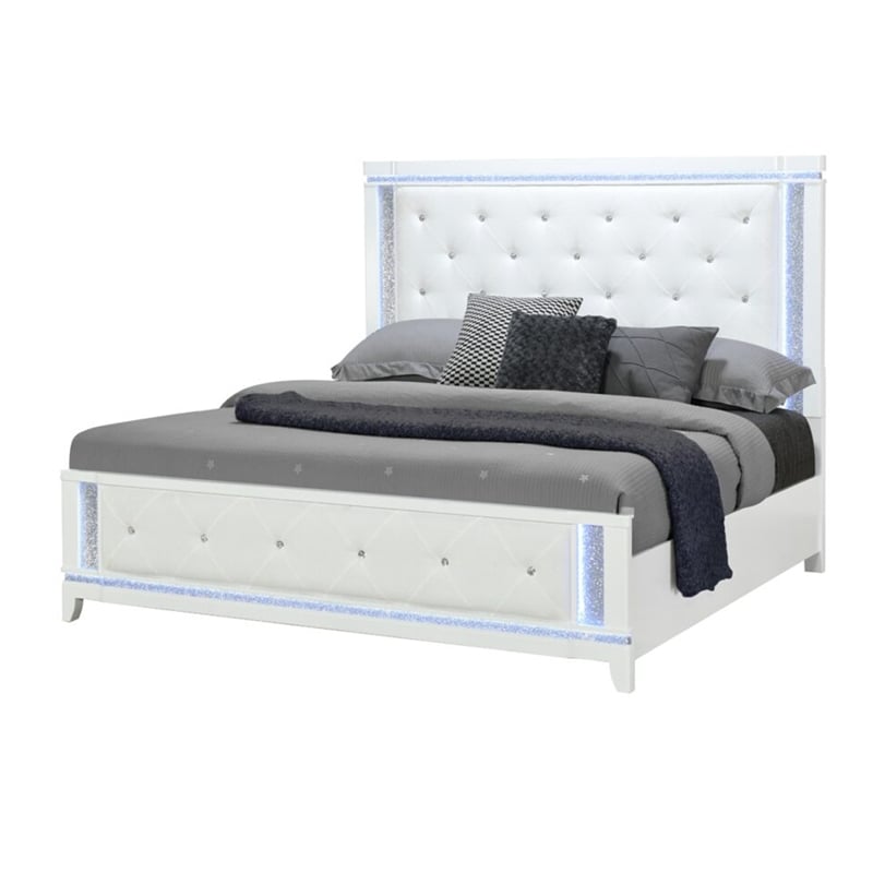 Global Furniture USA Alina White Wooden Tufted Queen Bed with LED