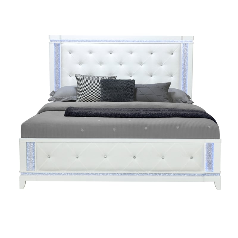 Global Furniture USA Alina White Wooden Tufted Queen Bed with LED