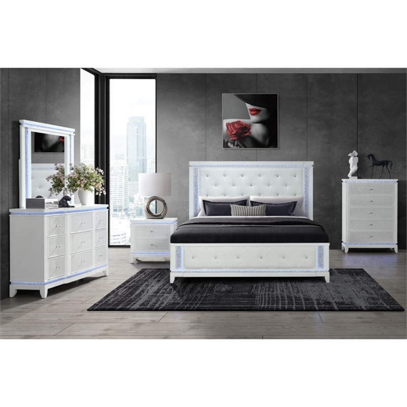 Global Furniture USA Alina White Wooden Tufted King Bedroom Set with LED