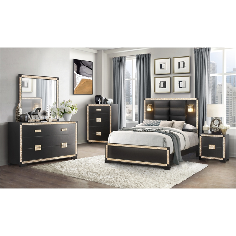 Global Furniture USA Blake Wood Queen Bedroom Set in Black/Gold Finish