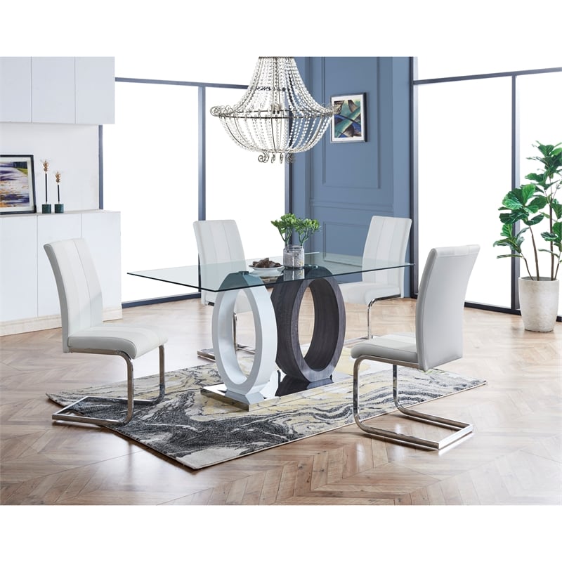 Global Furniture USA D1628 White Clear Glass Top Table + 4pc D915 White Chair
