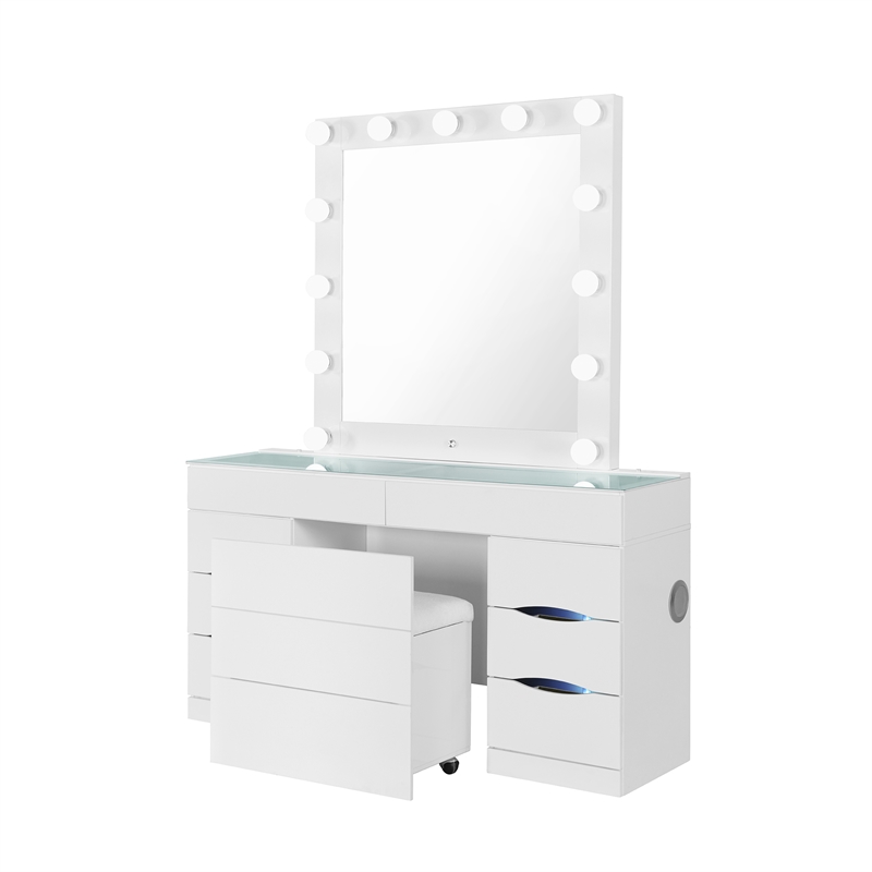 Ella White Wood Vanity with Stool and Mirror