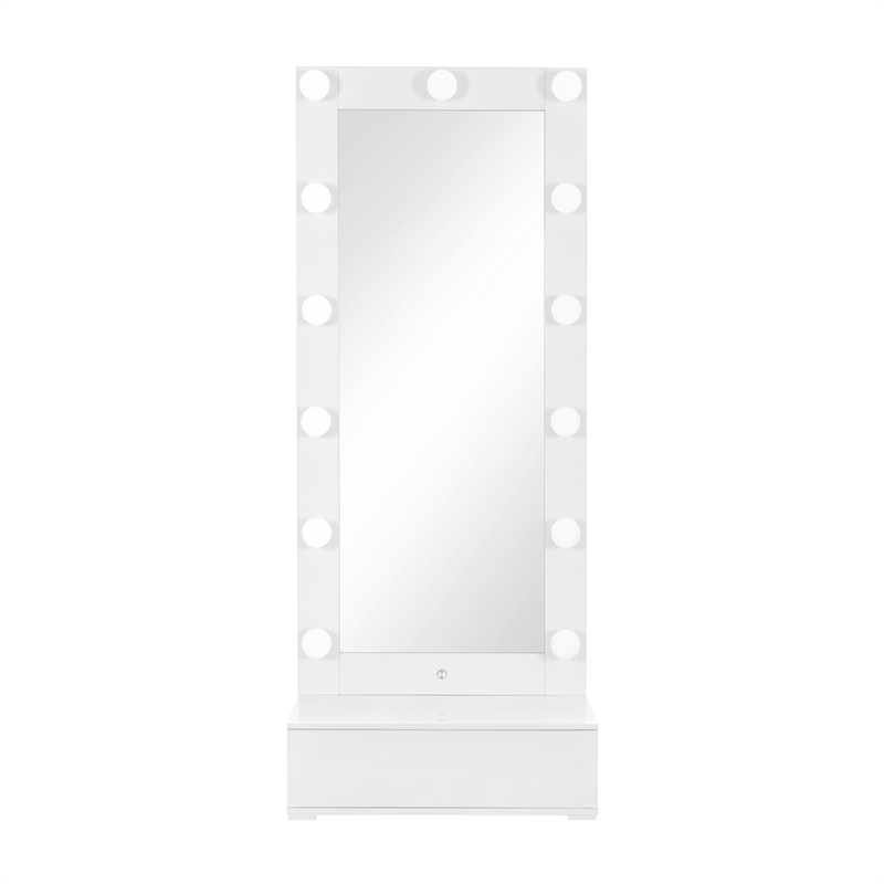 Ella White Wood Tall Mirror with Storage Drawer and Speaker