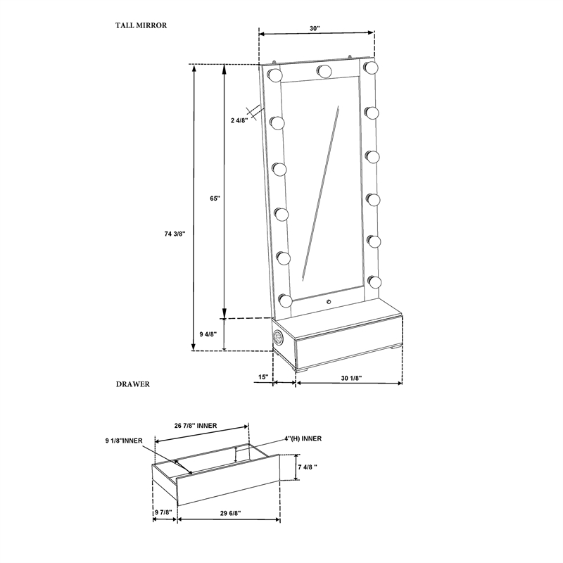 Ella White Wood Tall Mirror with Storage Drawer and Speaker