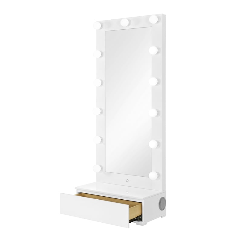 Ella White Wood Tall Mirror with Storage Drawer and Speaker