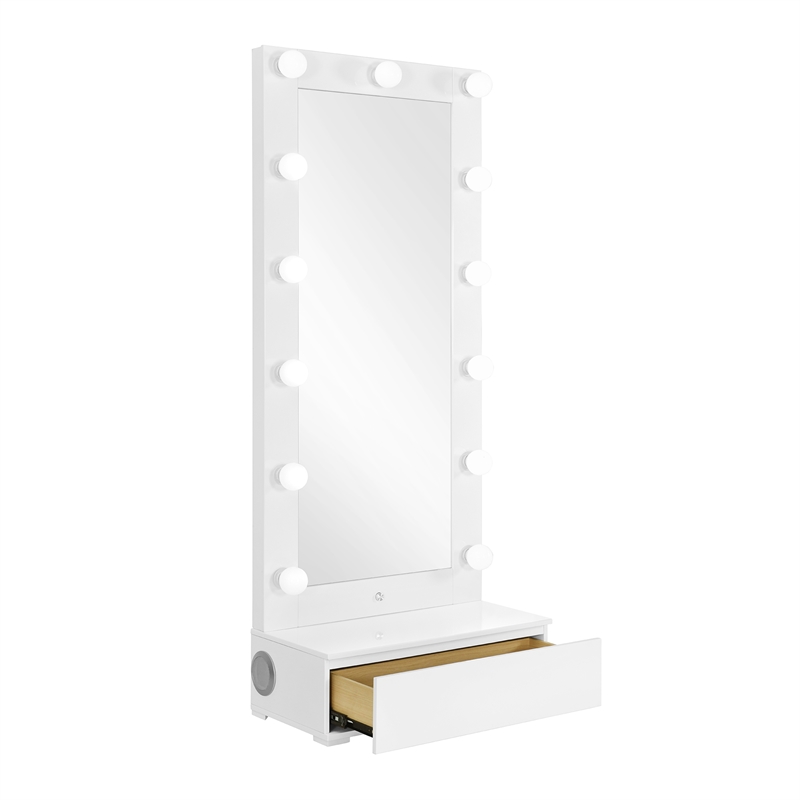 Ella White Wood Tall Mirror with Storage Drawer and Speaker