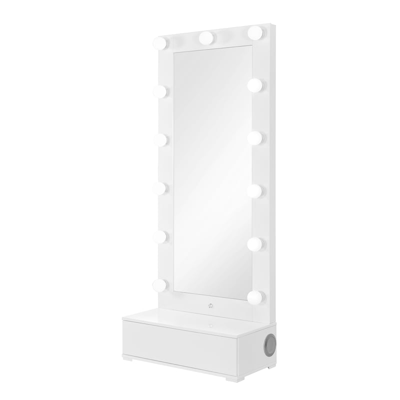 Ella White Wood Tall Mirror with Storage Drawer and Speaker