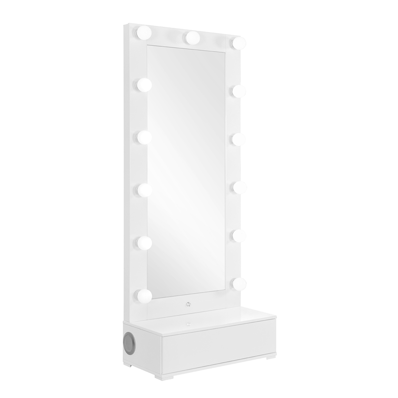 Ella White Wood Tall Mirror with Storage Drawer and Speaker