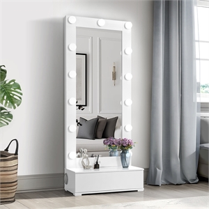 Ella White Wood Tall Mirror with Storage Drawer and Speaker