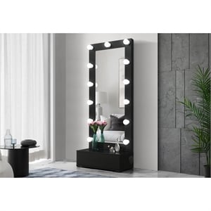 Ella Black Narrow Tall Mirror with Storage Drawer and Speaker