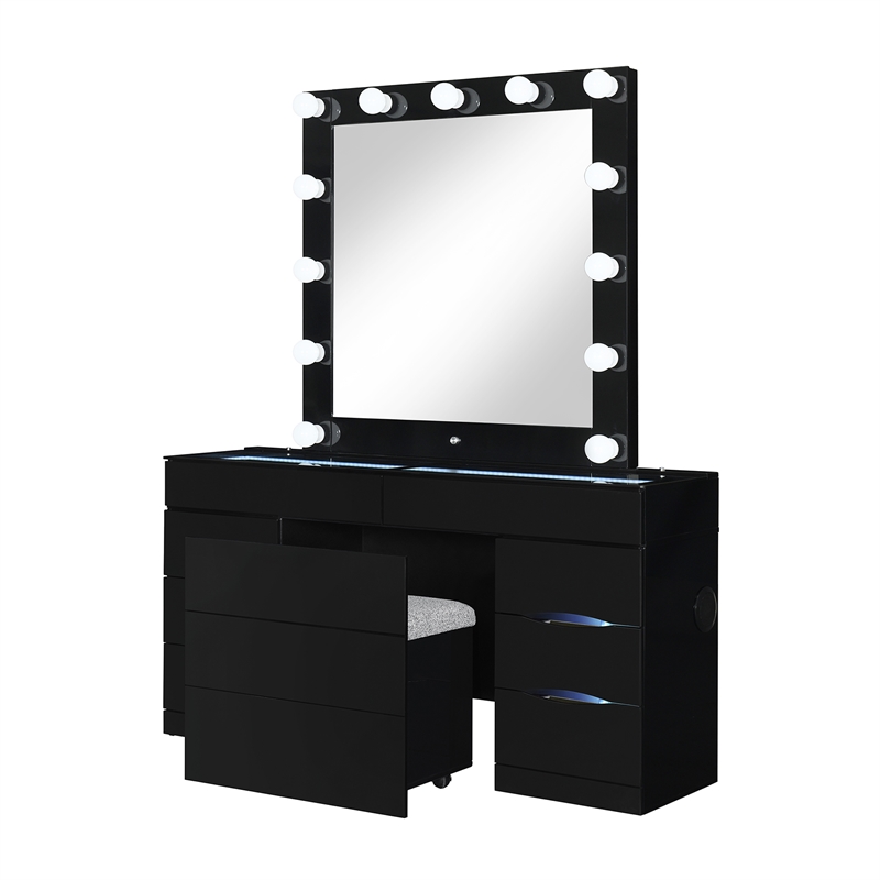 Ella Black Wood Vanity Set with Storage Stool