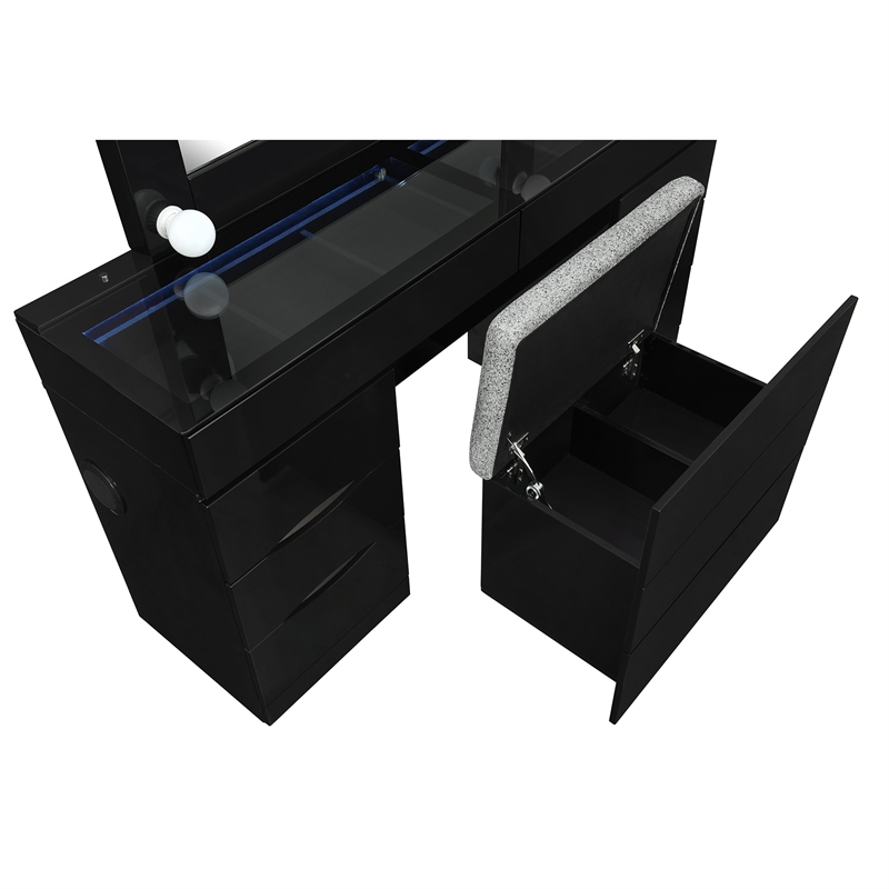 Ella Black Wood Vanity Set with Storage Stool