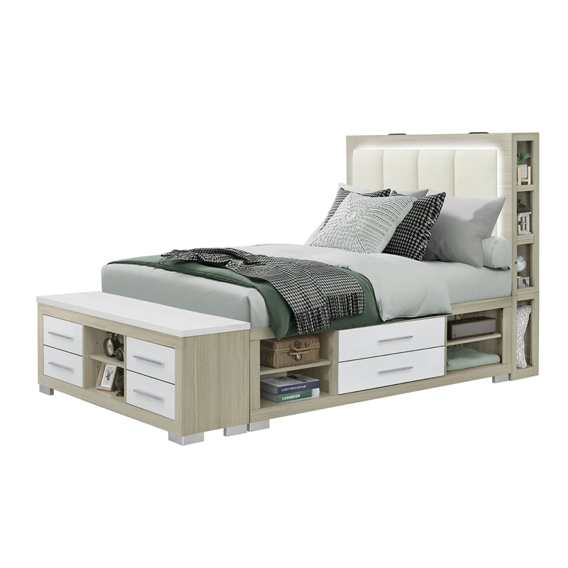 Madison Natural-White Wood Full Bed with all around Storage
