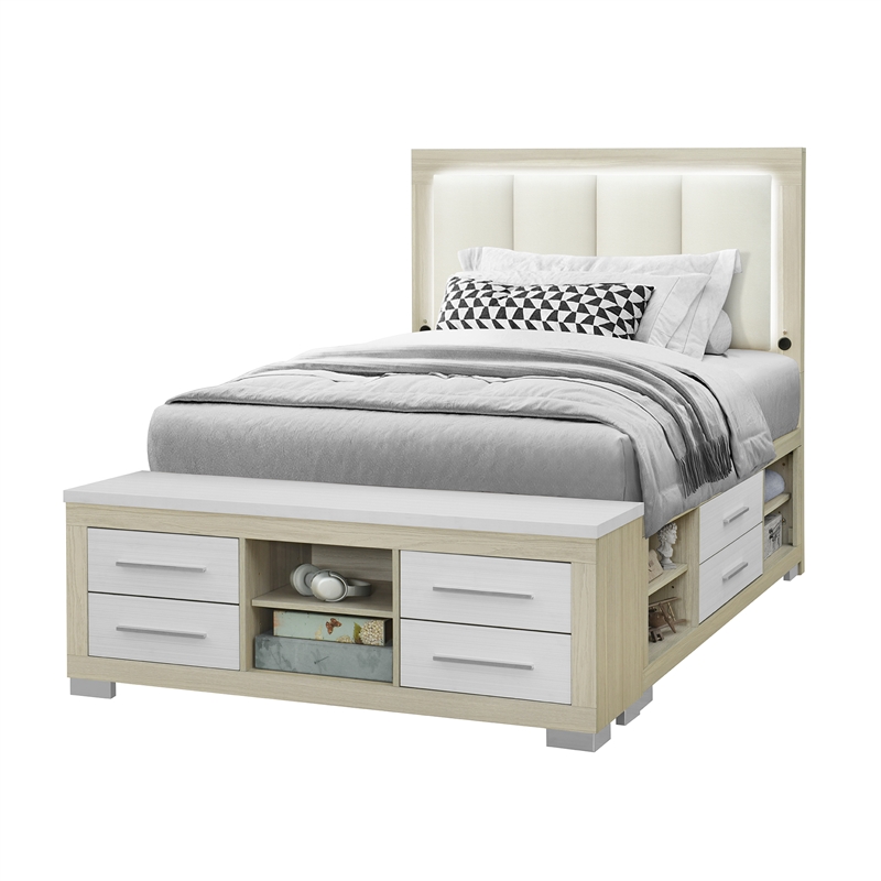 Emma Natural and White Wood Full Bed with LED and USB