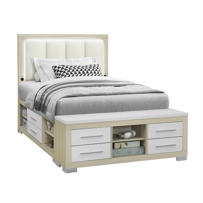 Emma Natural and White Wood Full Bed with LED and USB