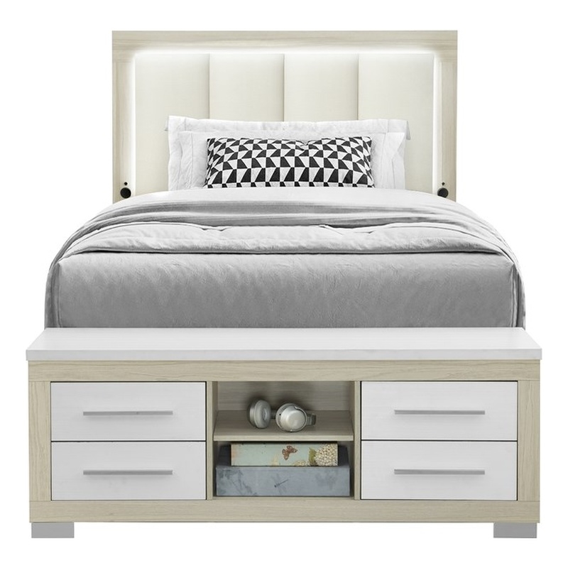 Emma Natural and White Wood Full Bed with LED and USB