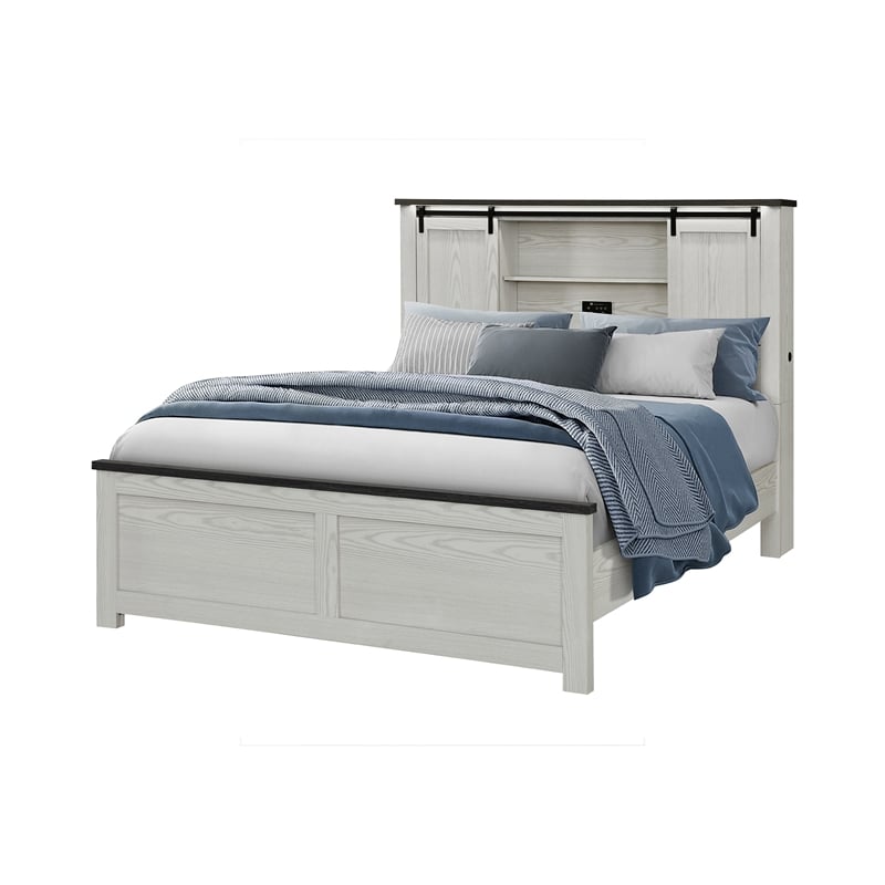 Ava Beige Solid and Engineered Wood Bookcase Headboard Queen Bed