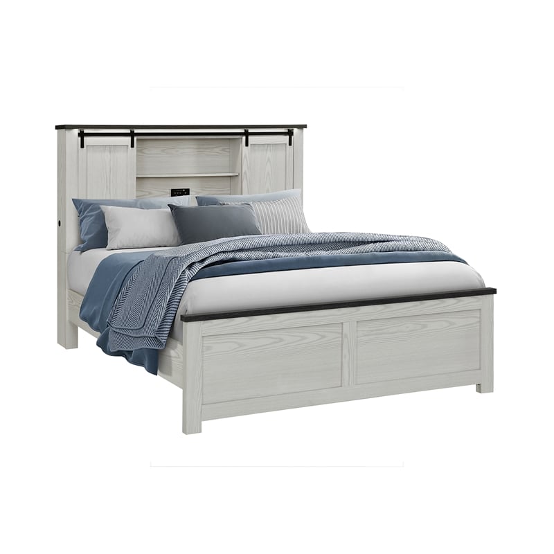 Ava Beige Solid and Engineered Wood Bookcase Headboard Queen Bed
