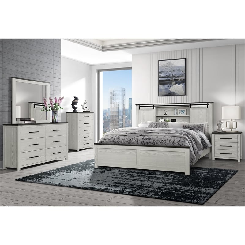 Ava Beige Solid and Engineered Wood Bookcase Headboard Queen Bed