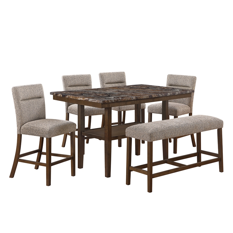 D4355 Brown Wooden Bar Table (4) Padded Chair and Bar Bench Set