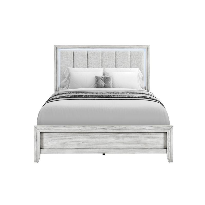 Elsie Gray Washed Wooden Queen Bed with LED