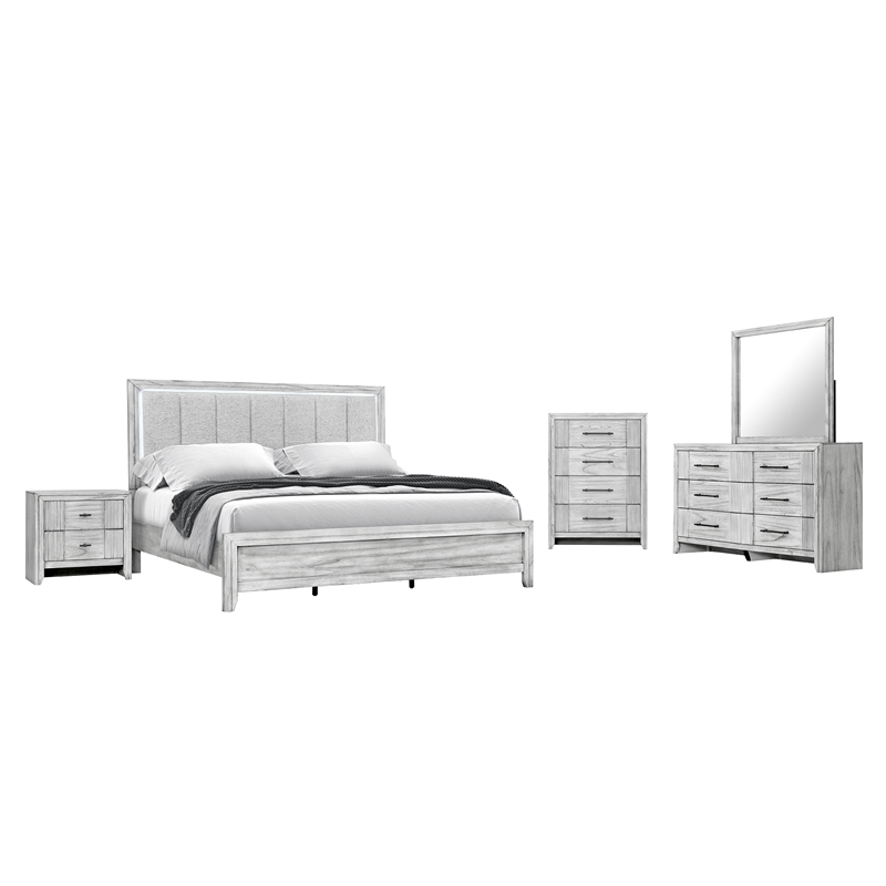 Elsie Gray Washed Wooden Queen Bed with LED