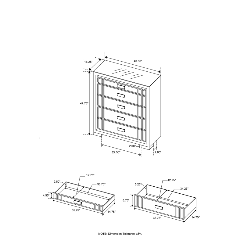 Isabella Fully Upholstered Grey 5 Drawer Chest