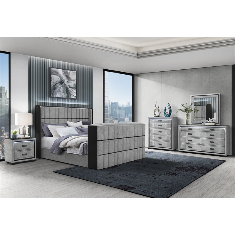 Isabella Gray Fully Upholstered Nightstand with LED