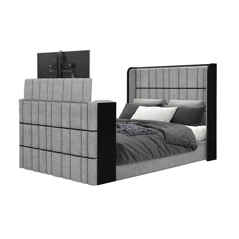 Isabella Gray Fireplace-TV Lift and Speakers Queen Bed