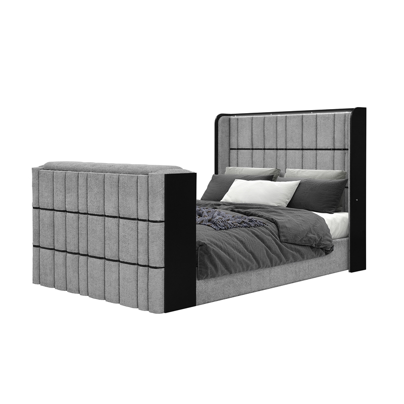 Isabella Gray Fireplace-TV Lift and Speakers Queen Bed