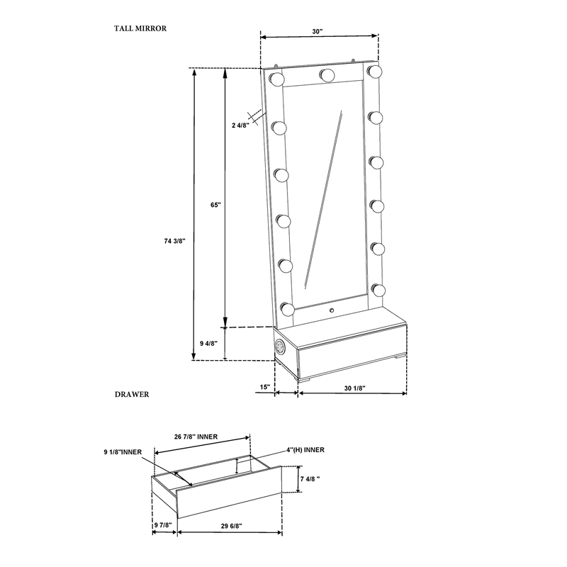Lexi Gray Tall Glass Mirror with drawers and Speakers