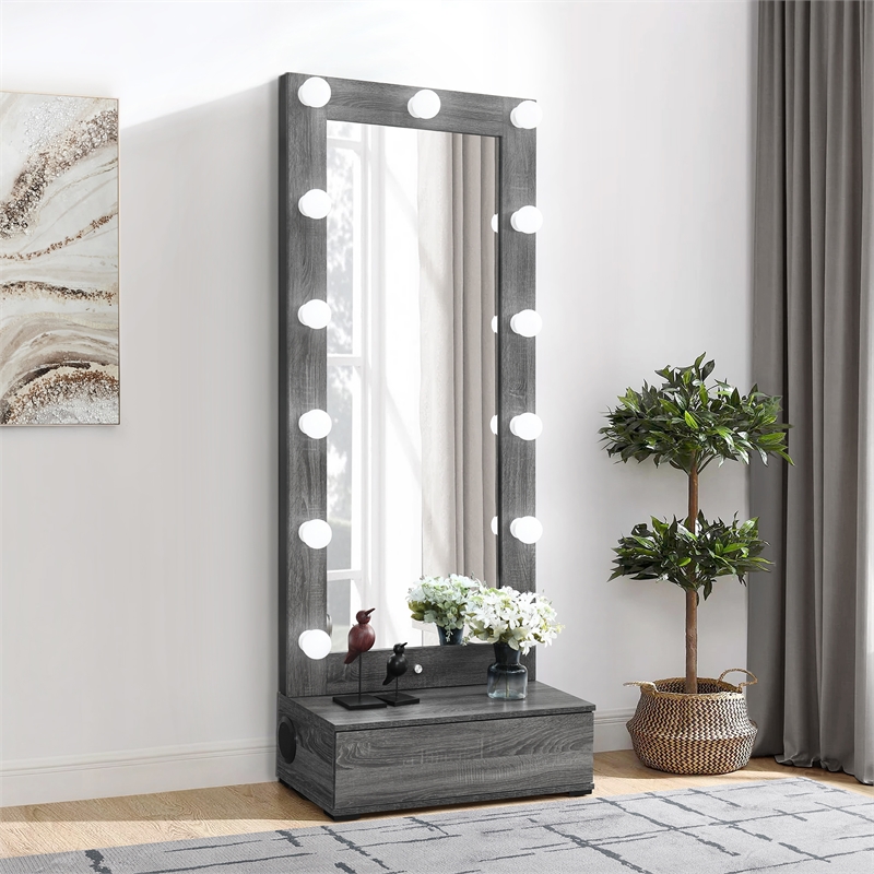 Lexi Gray Tall Glass Mirror with drawers and Speakers