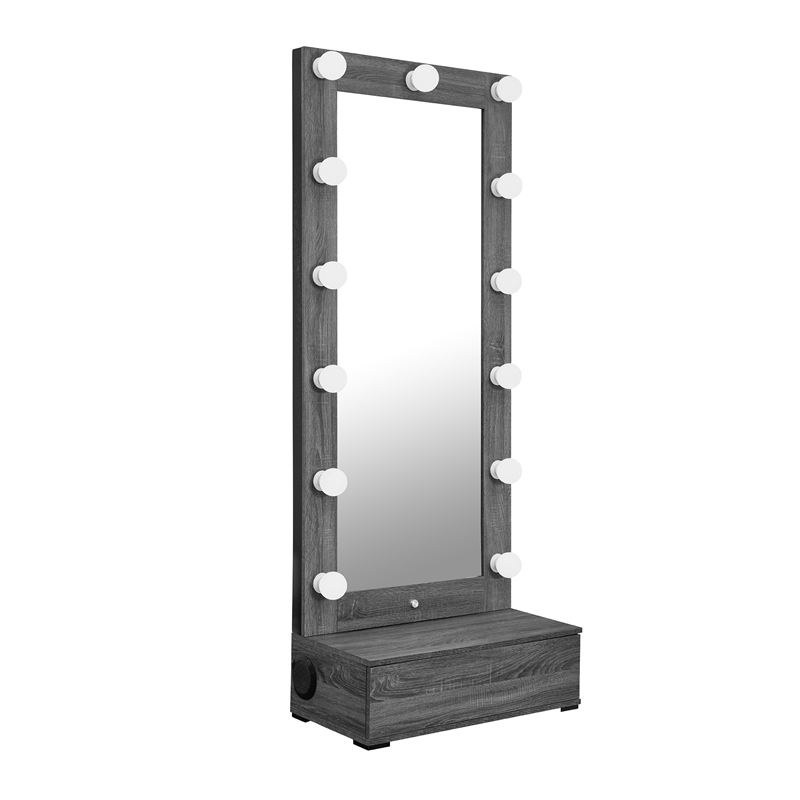 Lexi Gray Tall Glass Mirror with drawers and Speakers