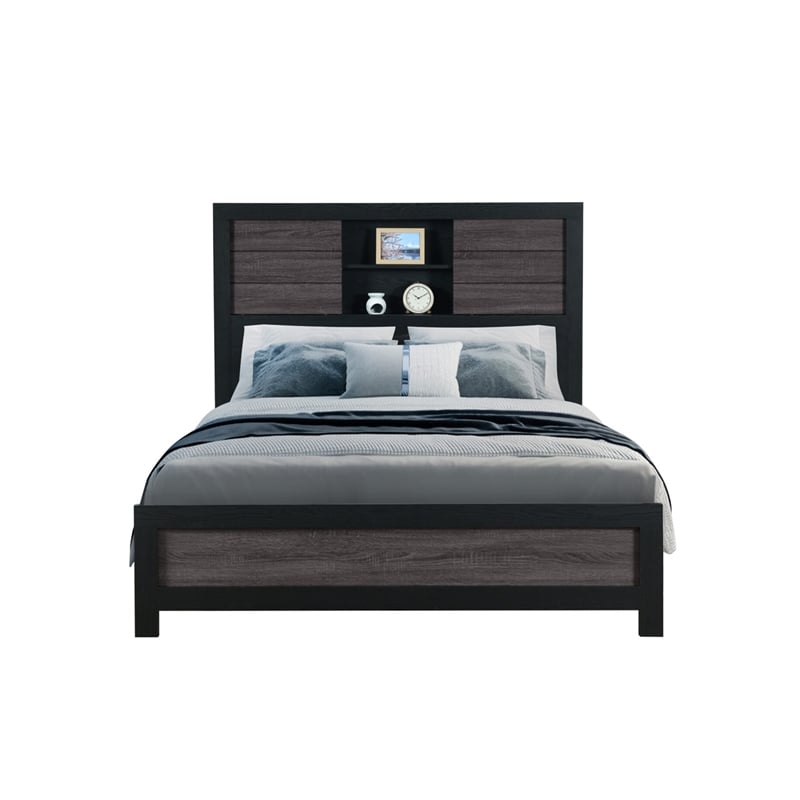 Lisbon Engineered Wood Gray and Black Bookcase Headboard King bed