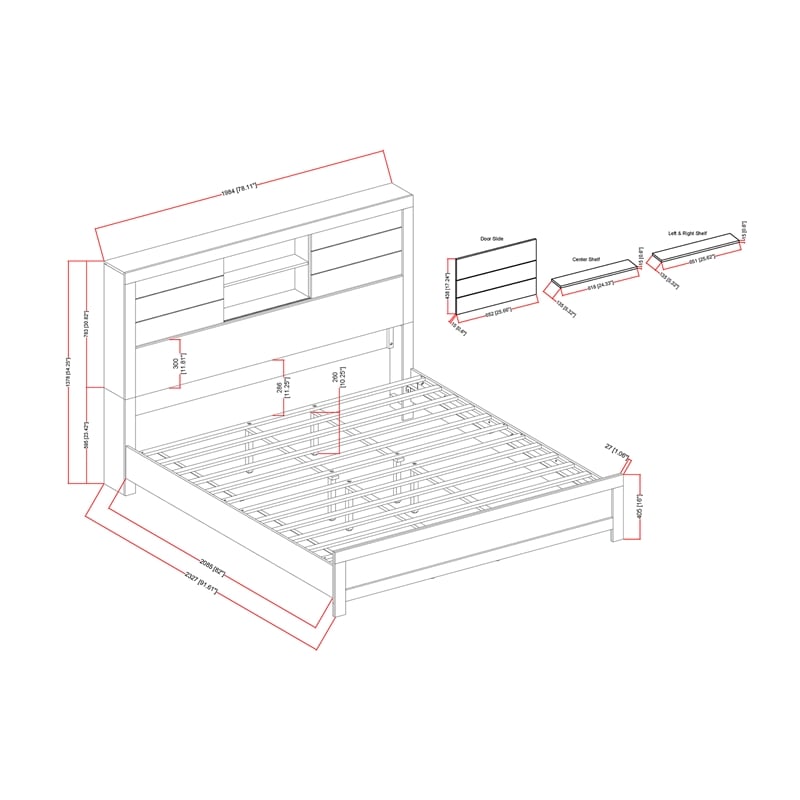 Lisbon Engineered Wood Gray and Black Bookcase Headboard King bed