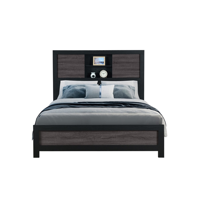Lisbon Engineered Wood Gray and Black Bookcase Headboard Queen Bed